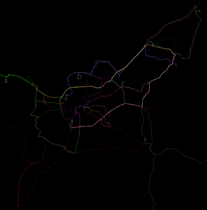 Tri par kilométrage: magenta = 50-59 kms; bleu = 60-69 kms; cyan = 70-79 kms; vert = 80-89 kms; jaune = 90-99kms; rouge = 100-109 kms; blanc = >109kms.